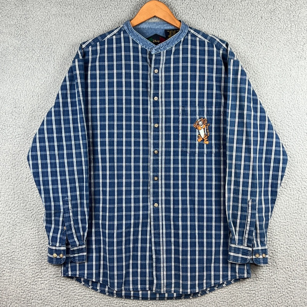 Vintage The Disney Catalog Tigger Embroidered Button Shirt Mens Large Blue Check